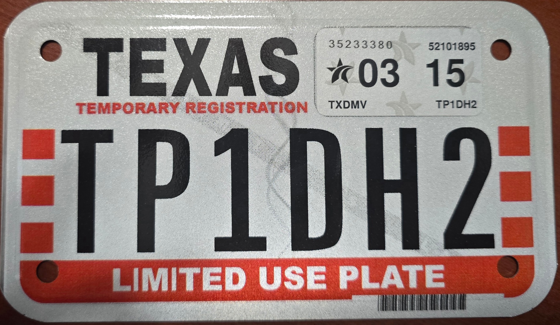 Texas temporary registration limited use plate